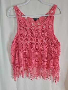 Vintage Venice Blue 100% Cotton  Coral Pink Crochet Fringe Camisole